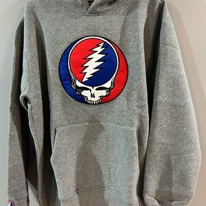 Grateful Dead Gray Hoodie with Red and Blue Skull Design